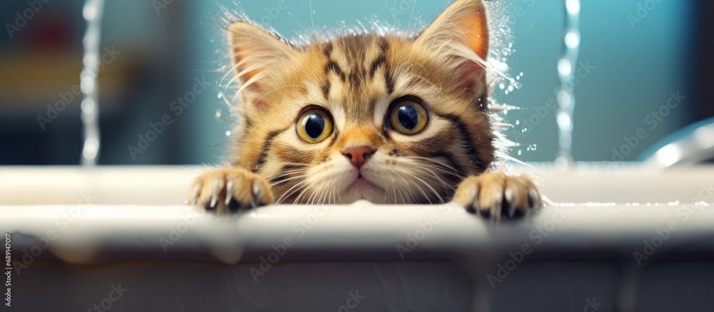 Aufkleber Amusing feline bathing Copy space image Place for adding text or design