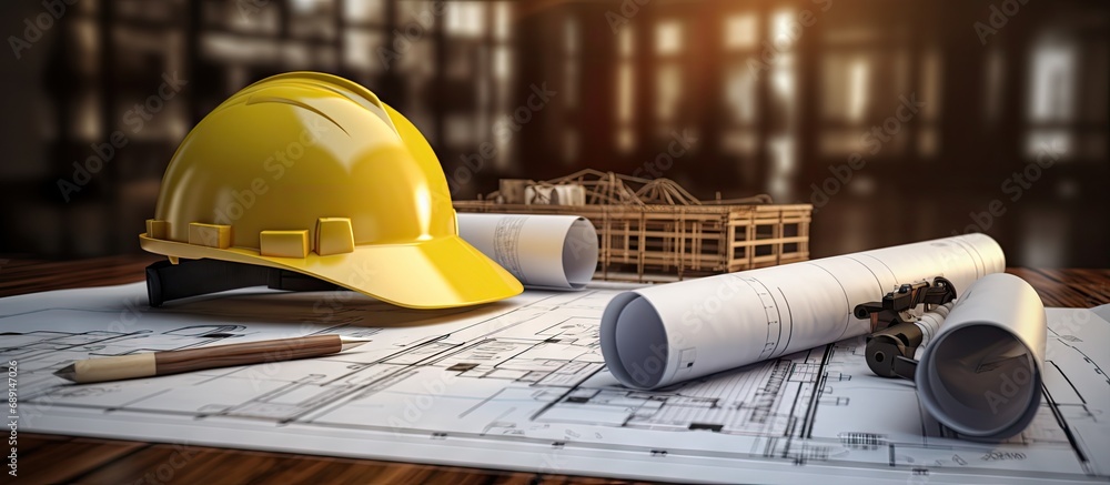 Poster blueprints featuring helmet and tools for construction copy space image place for adding text or des