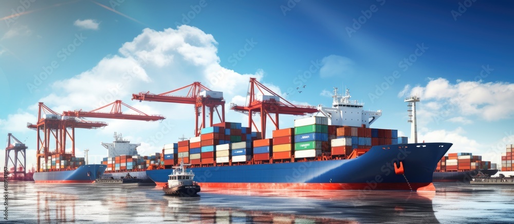 Poster Modern seaport with ships carrying containers on a sunny day Copy space image Place for adding text or design