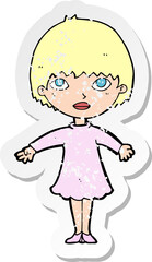 retro distressed sticker of a cartoon woman in dress
