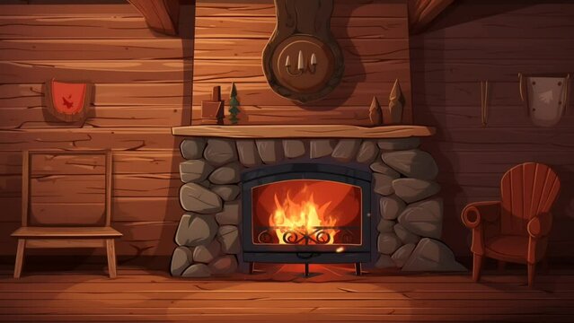 Lofi music concept, Cozy fireplace lit in the wooden cabin. Cartoon illustration style. seamless looping time-lapse virtual 4k video animation background. Generative AI