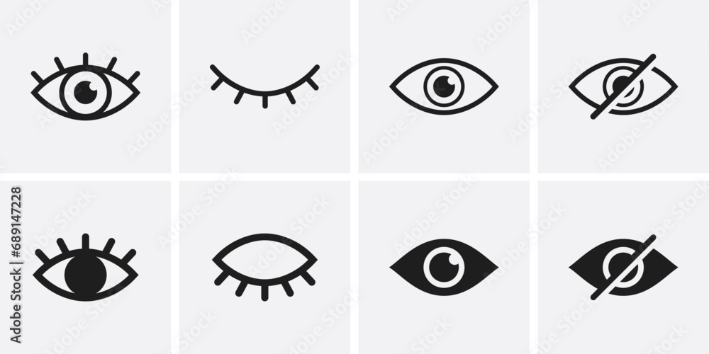 Poster seen and unseen eye icon set. hidden and view eye icon vector. visible invisible icon symbol collect