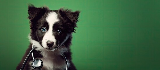 Border collie pup wears stethoscope Copy space image Place for adding text or design