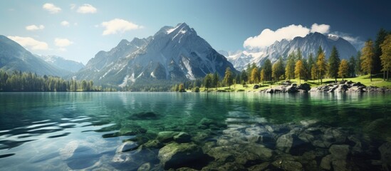 Gorgeous sunlit alpine highlands with majestic rock mountain backdrop and Hintersee lake in Bavarian Alps Germany Creative scenery Copy space image Place for adding text or design