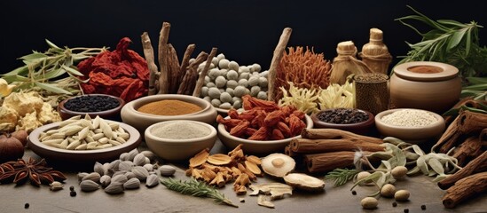Natural herbal ingredients used in Traditional Chinese Medicine TCM for cold and flu Copy space image Place for adding text or design