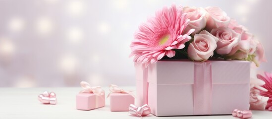 Flower arrangement in pink gift box for special occasions Copy space image Place for adding text or design