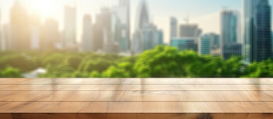 Morning city background with blurred window glass garden green and wood table top for product display montage Copy space image Place for adding text or design
