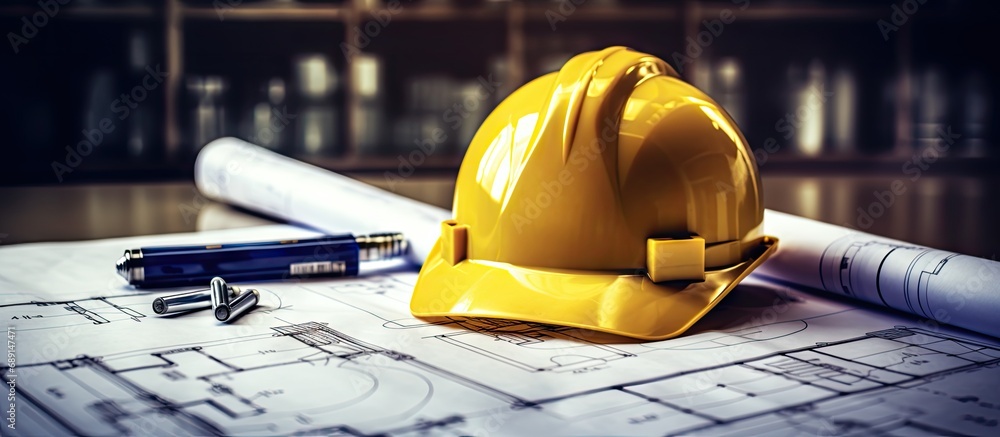 Poster blueprints featuring helmet and tools for construction copy space image place for adding text or des