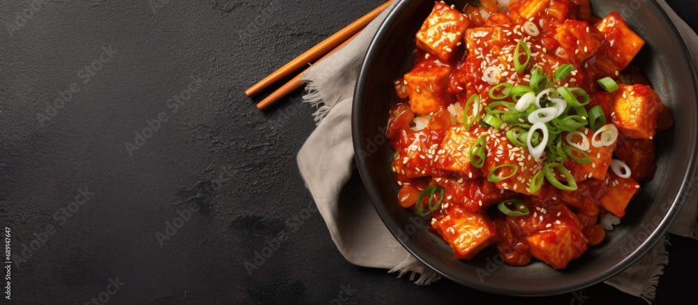 Aufkleber korean braised spicy tofu with rice in a gray bowl top view asian vegetarian food idea copy space im