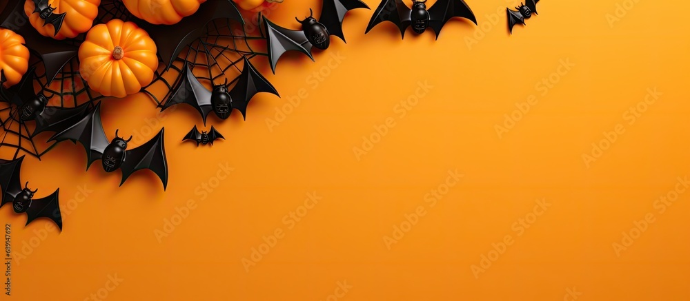 Aufkleber Halloween decorations pumpkin paper bats black spider on orange background Flat lay top view Copy space available Copy space image Place for adding text or design