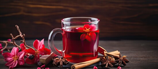 Hibiscus tea with apple and cinnamon on wooden table Copy space image Place for adding text or design
