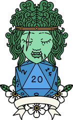 Retro Tattoo Style half orc barbarian character with natural 20 dice roll