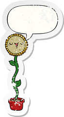 cartoon sunflower with speech bubble distressed distressed old sticker