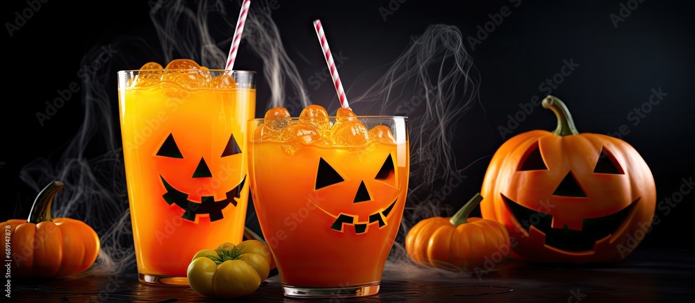 Poster Halloween party decorations with pumpkin and carrot drinks jack o lantern faces juice glowing garlands and cobwebs on a dark gray background Copy space image Place for adding text or design