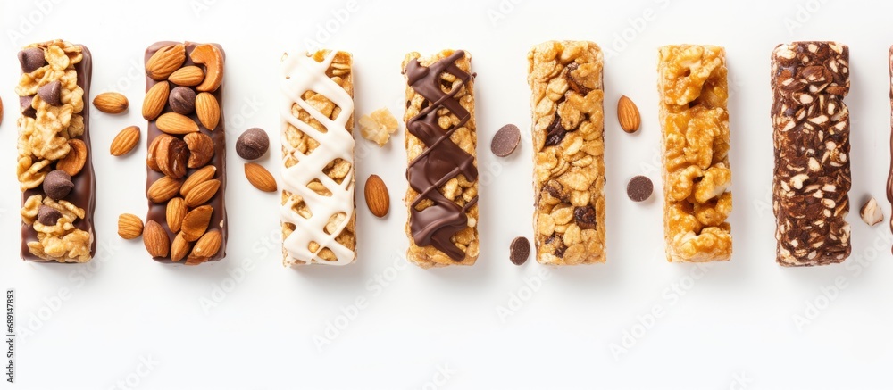 Leinwandbilder Granola bar used creatively in a flat lay on a white background conveying a food concept Copy space image Place for adding text or design