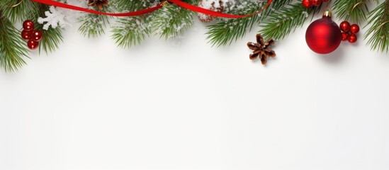 Holiday themed artwork featuring presents evergreen branches and red ornaments against a white backdrop Capturing the essence of Christmas winter and New Year with a modern overhead view and ro