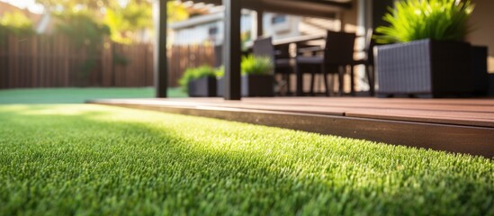 Modern Australian home with wooden edged artificial grass in the front yard Copy space image Place for adding text or design - Powered by Adobe