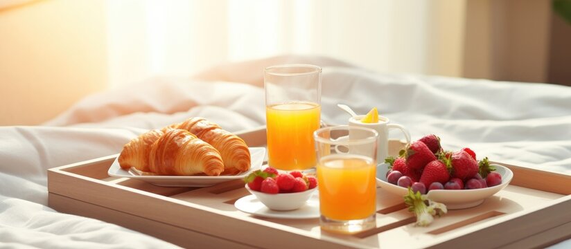 Breakfast served on a tray beside the bed at home Copy space image Place for adding text or design