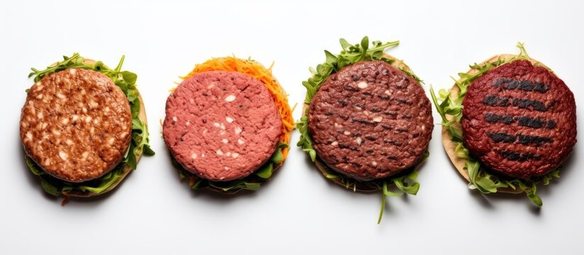 Assorted Burgers Some With Meat And Some Plant Based On White Background From Above Copy Space Image Place For Adding Text Or Design