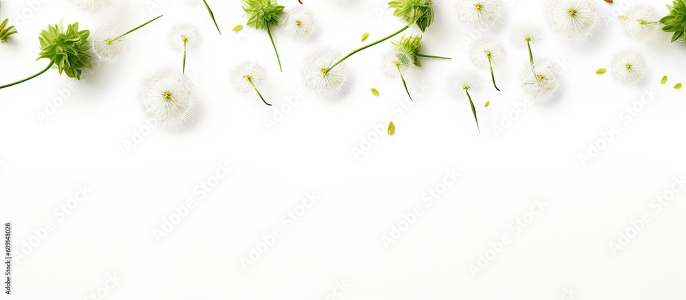 Fototapete Dandelion flowers on white background in artistic spring layout Copy space image Place for adding text or design