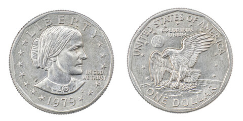 1979 P FG Susan B. Anthony Dollar front and back side. First circulating US coin to feature a...