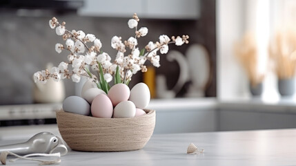 Obraz na płótnie Canvas basket with multi-colored Easter eggs on the table in a stylish kitchen, minimalism, Scandinavian interior, postcard, spring, design, religious holiday, traditional dish, treat, decor, flowers