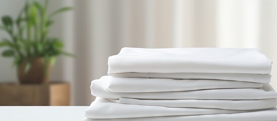 Industrial laundry providing cleaning and ironing service for hotels clinics and companies with folded white sheets or fabrics Copy space image Place for adding text or design - obrazy, fototapety, plakaty