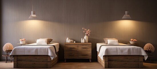 Luxurious health spa with a twin bedded massage room and towels Copy space image Place for adding text or design
