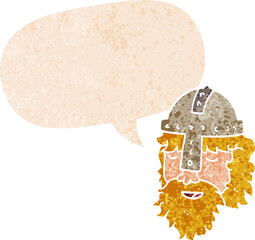 cartoon viking face with speech bubble in grunge distressed retro textured style
