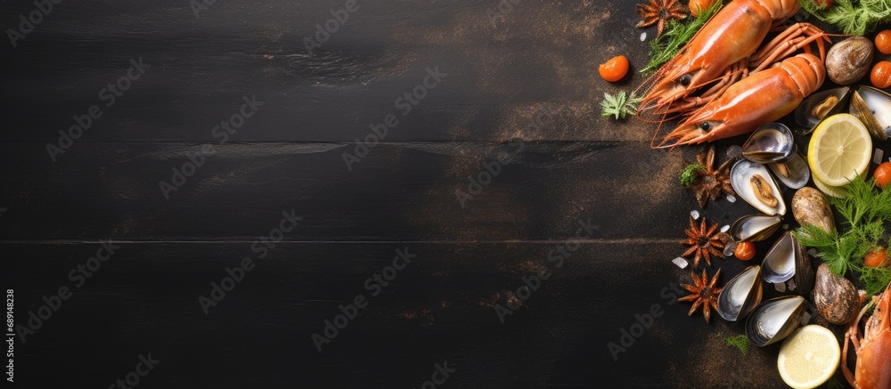 Fototapete Mussels and shrimp on a background ready for text Copy space image Place for adding text or design