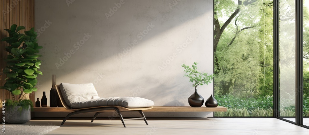 Poster modern living room with 3d rendering featuring white walls concrete tile flooring and a mix of wood 
