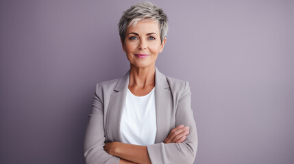 Confident woman in business suite portrait. Short blonde hair style.  - obrazy, fototapety, plakaty