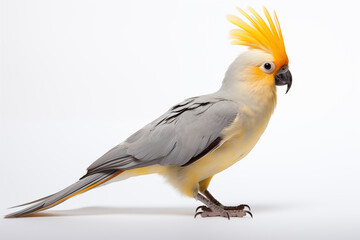 Portrait of Cockatiel parrot isolated on a white background. Side view