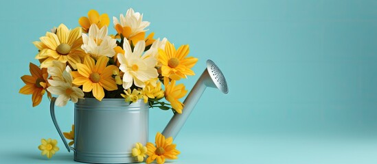 Minimal collage of yellow flowers watering can and gardening equipment on blue background Copy space image Place for adding text or design