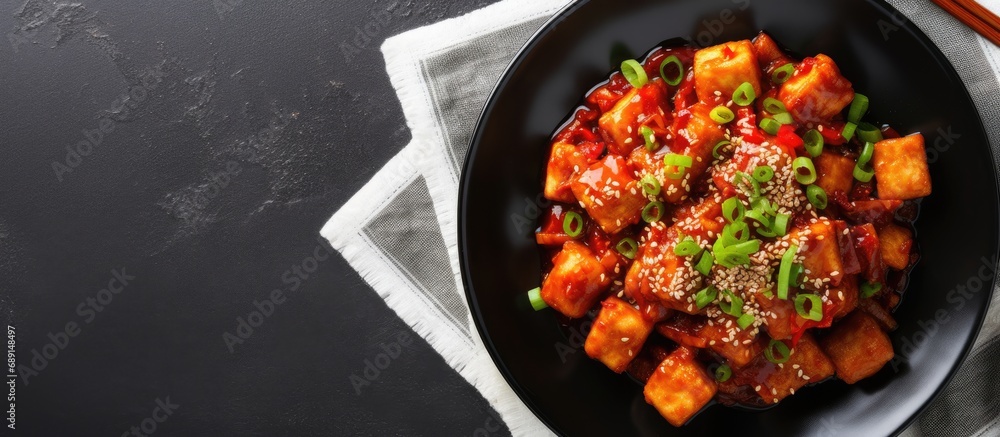 Poster korean braised spicy tofu with rice in a gray bowl top view asian vegetarian food idea copy space im