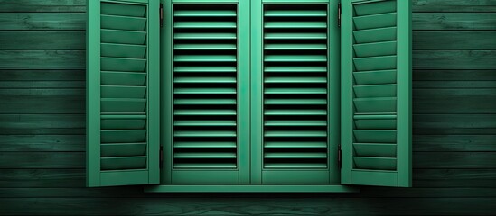 Green wooden shutters are opening in a special way Copy space image Place for adding text or design