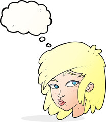 cartoon curious woman with thought bubble