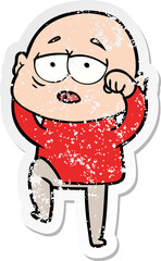 distressed sticker of a cartoon tired bald man