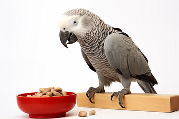 Portrait of African gray parrot near a bowl of bird food isolated on a white background.