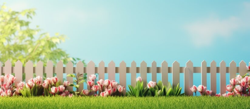 Greeting card with green lawn and fence on a spring pastel background Copy space image Place for adding text or design