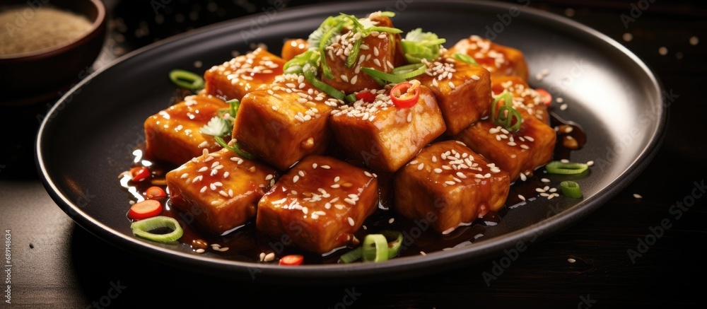 Poster asian tofu dish packed with protein and calcium made with fried teriyaki tofu scallions and sesame s
