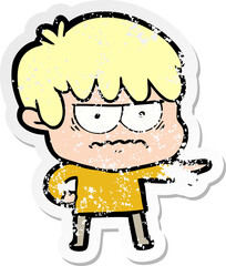distressed sticker of a annoyed cartoon boy
