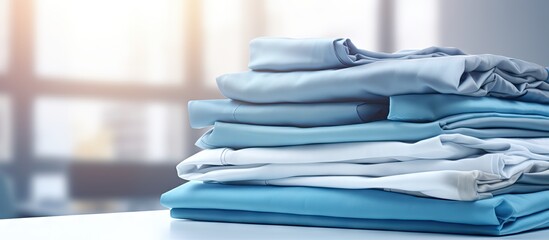Industrial laundry providing a cleaning and ironing service for hotels clinics and companies with stacks of clean folded sheets and fabrics and an industrial iron Copy space image Place for add - obrazy, fototapety, plakaty