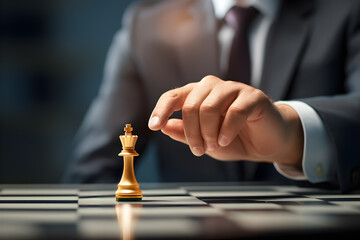 Male businessman's hand holding a golden king chess piece on a chess board. Marketing planning and...