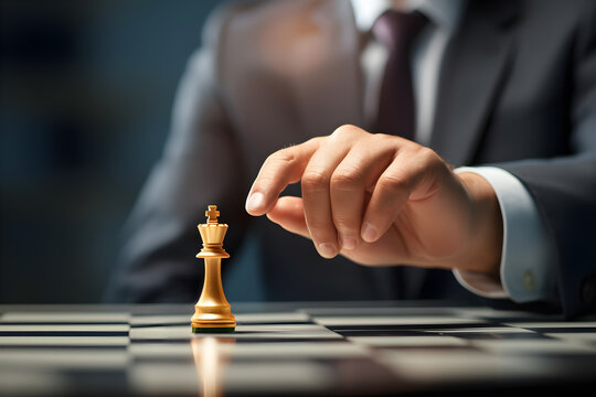 Male businessman's hand holding a golden king chess piece on a chess board. Marketing planning and strategy Like a winner and a success. Copy space.