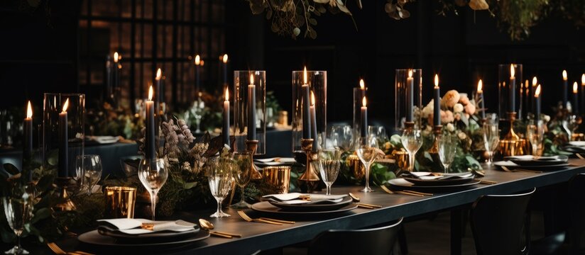 Luxurious wedding reception with trendy black decor including flowers candles and table setup in a restaurant hall Suitable for birthday parties baptisms and other events Copy space image Place
