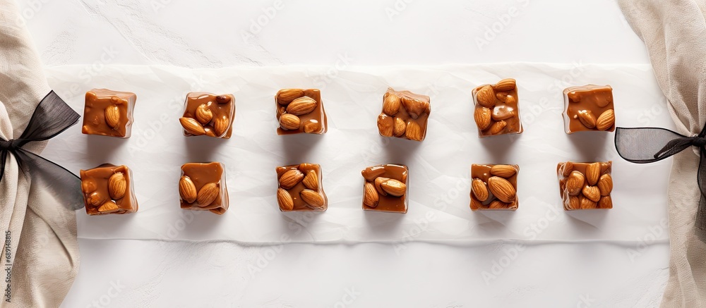 Aufkleber Handmade toffee caramel nut candy on crumpled paper Homemade food gifts for holidays Flat lay Copy space image Place for adding text or design