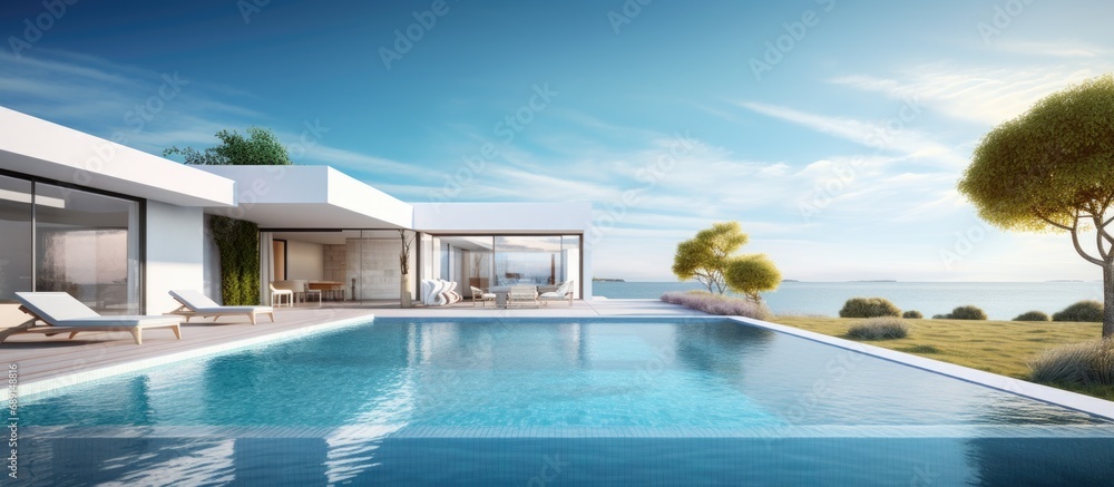 Poster contemporary poolside villa with outdoor scenery copy space image place for adding text or design
