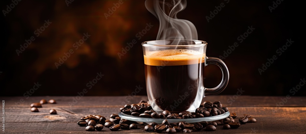Poster caffeinated cup on rustic wooden background with smoke and beans copy space image place for adding t
