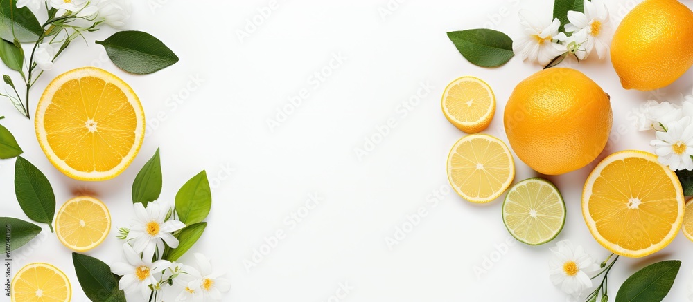 Poster high quality photo of citrus fruits leaves and flowers arranged as a flat lay on a white background 